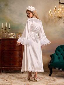 PinupPomp Women's Contrast Lace Fuzzy Cuff Elegant Belted Robe - White - View 3