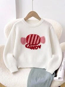 SHEIN 女嬰可愛毛巾刺繡棒棒糖圖案圓領針織毛衣 - 粉色 - 查看 7