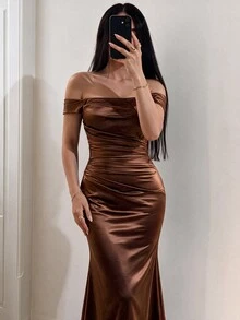 Modelyn Women's Solid Color Off-Shoulder Pleated Design Elegant Cocktail Dress - Brown - View 3