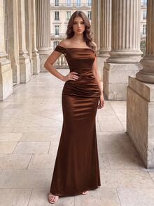 Modelyn Women's Solid Color Off-Shoulder Pleated Design Elegant Cocktail Dress - Brown - View 4