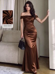 Modelyn Women's Solid Color Off-Shoulder Pleated Design Elegant Cocktail Dress - Brown - View 1