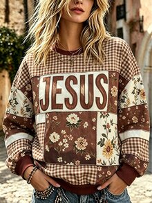 Selamara Damen Große Größen Herbstkleidung Vintage 1920 Lässig Karomuster Blumen JESUS Muster Rundhals Langarm Sweatshirt Christlicher Glaube Halloween Thanksgiving Top - Verschiedenfarbig - Übersicht 3