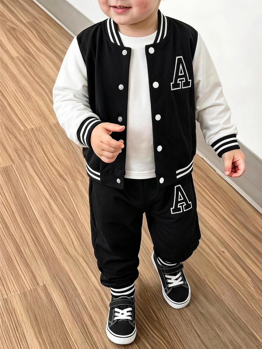 SHEIN Genkimix Kids 2件組小男孩學院風套裝，黑色針織上衣印字母A搭配運動長褲，適合秋季、職業日、開學季