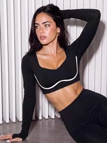 Slayform Slayform Women's Long Sleeve Cropped Sexy Modest Athleisure Fitness Sports T-Shirt Tops Gym Active Black And White Autumn Running Workouts Outfits Pilates - Black and White - View 1
