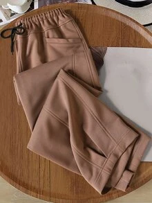 Rusticease Pantalones largos casuales versátiles de unicolor para mujer, estilo lounge, marrón, otoño - Marrón - Ver 1