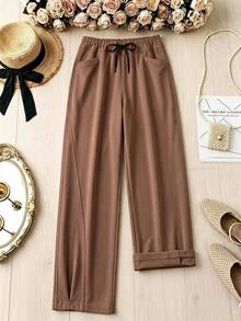 Rusticease Pantalones largos casuales versátiles de unicolor para mujer, estilo lounge, marrón, otoño - Marrón - Ver 3