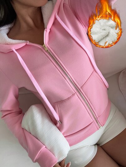 Flirla Pink And White Striped American Vintage Slim Fit Knit Hooded Fleece Sweatshirt With Pockets,Women's Casual Autumn Zip Up Pullover Holiday Home