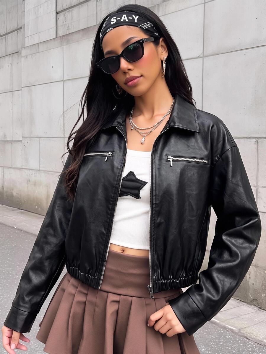 SHEIN 青少年女孩黑色翻領純色PU皮革短款休閒夾克,酷炫街頭風運動騎行外套 - 黑色 - 查看 1