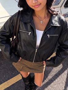 SHEIN 青少年女孩黑色翻領純色PU皮革短款休閒夾克，酷炫街頭風運動騎行外套 - 黑色 - 查看 6