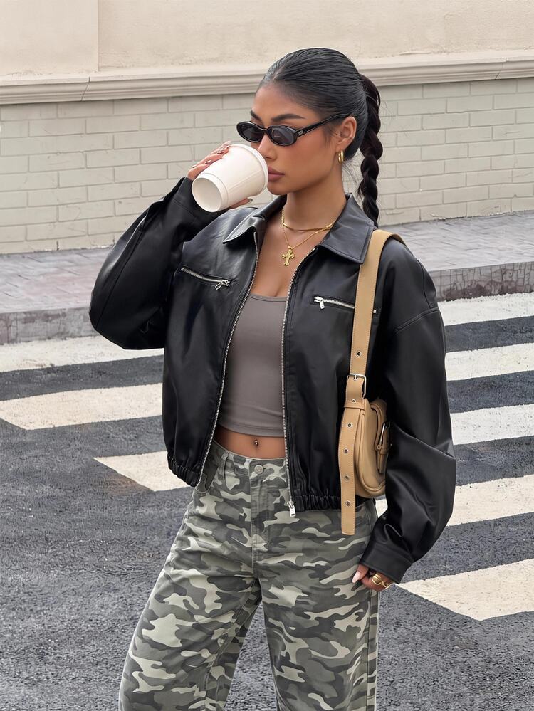 SHEIN Teen Girls Teen Girl Black Lapel Solid Color PU Leather Jacket Short Casual Jacket Cool Street Style Sports Riding - Black - View 5