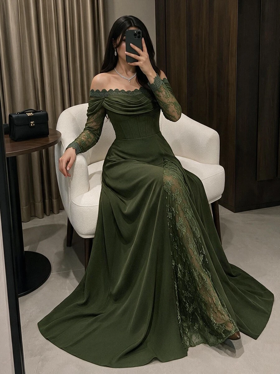 Modelyn Lace Trim Army Green Blouse Long Sleeve Cuffed V Neck Pleated Top