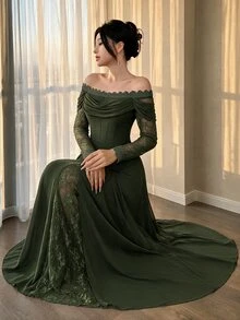 Modelyn Lace Trim Army Green Blouse Long Sleeve Cuffed V Neck Pleated Top - Army Green - View 5