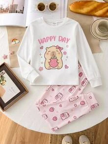 SHEIN 女童秋冬水豚可愛時尚百搭派對長袖長褲套裝，日常居家穿著，修身貼身，1套 - 彩色 - 查看 2