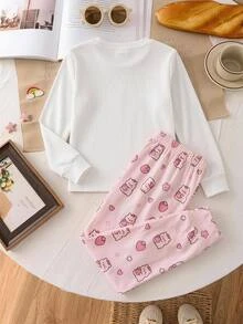 SHEIN 女童秋冬水豚可愛時尚百搭派對長袖長褲套裝，日常居家穿著，修身貼身，1套 - 彩色 - 查看 3