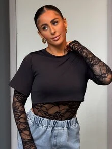 SAYEHFBABY 女士长袖性感蕾丝紧身衣 - 黑色 - 查看 2