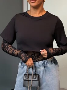 SAYEHFBABY 女士长袖性感蕾丝紧身衣 - 黑色 - 查看 7