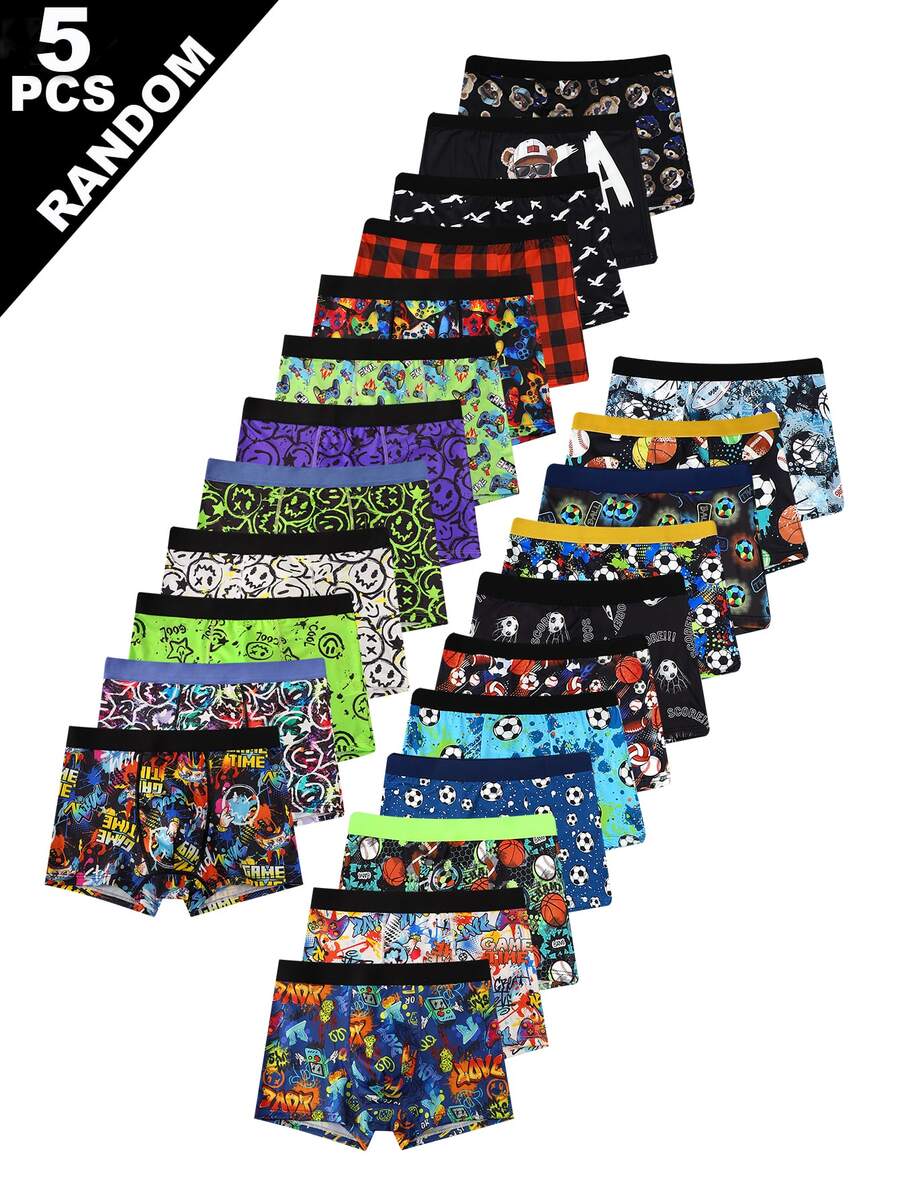 SHEIN Random 5pcs Teen Boy Football, Rugby, Basketball Print Boxer Briefs Summer White Red Black Maroon Baggy