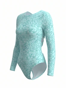 Swim SPRTY Women's Floral Print One-Piece Swimsuit With Round Neck And Long Sleeves Beach Vacation Teal Summer Tropical - Mint Blue - View 8