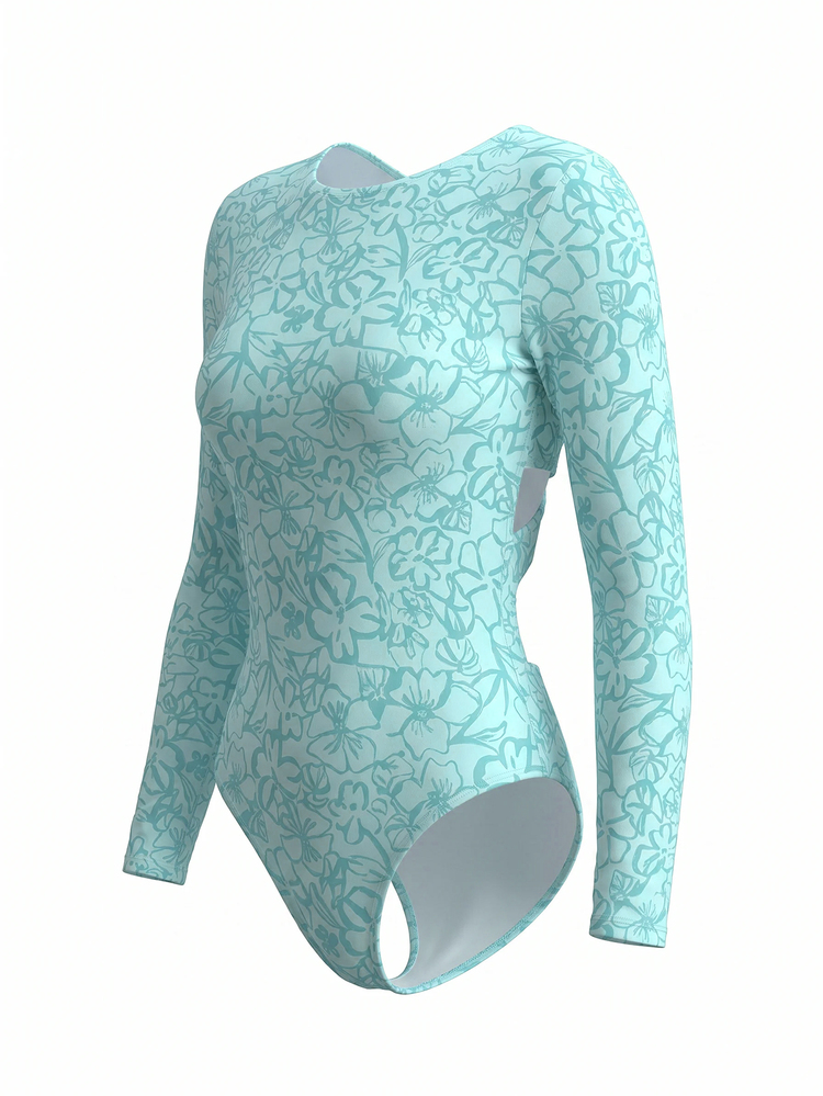 Swim SPRTY Women's Floral Print One-Piece Swimsuit With Round Neck And Long Sleeves Beach Vacation Teal Summer Tropical - Mint Blue - View 8