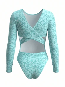 Swim SPRTY Women's Floral Print One-Piece Swimsuit With Round Neck And Long Sleeves Beach Vacation Teal Summer Tropical - Mint Blue - View 9
