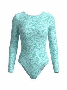Swim SPRTY Women's Floral Print One-Piece Swimsuit With Round Neck And Long Sleeves Beach Vacation Teal Summer Tropical - Mint Blue - View 6