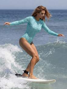 Swim SPRTY Women's Floral Print One-Piece Swimsuit With Round Neck And Long Sleeves Beach Vacation Teal Summer Tropical - Mint Blue - View 7