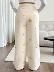 SHEIN Maternity White And Yellow Corduroy Embroidered Trousers, Adjustable Waist Floral Pattern Cute Baggy Long Pants, Summer Photoshoot Work Vacation - Apricot - View 2