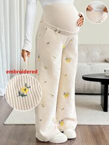 SHEIN Maternity White And Yellow Corduroy Embroidered Trousers, Adjustable Waist Floral Pattern Cute Baggy Long Pants, Summer Photoshoot Work Vacation - Apricot - View 1