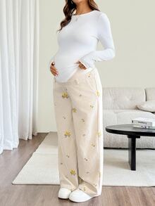 SHEIN Maternity White And Yellow Corduroy Embroidered Trousers, Adjustable Waist Floral Pattern Cute Baggy Long Pants, Summer Photoshoot Work Vacation - Apricot - View 3
