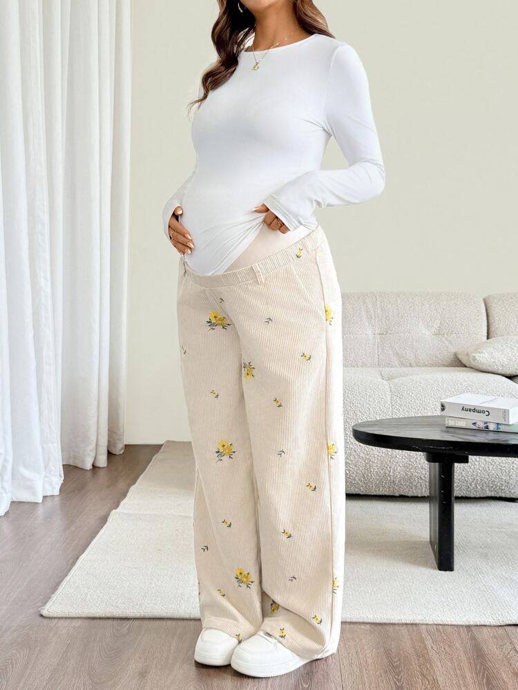 SHEIN Maternity White And Yellow Corduroy Embroidered Trousers, Adjustable Waist Floral Pattern Cute Baggy Long Pants, Summer Photoshoot Work Vacation - Apricot - View 3