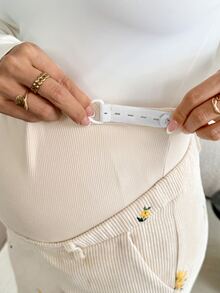 SHEIN Maternity White And Yellow Corduroy Embroidered Trousers, Adjustable Waist Floral Pattern Cute Baggy Long Pants, Summer Photoshoot Work Vacation - Apricot - View 4