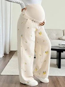 SHEIN Maternity White And Yellow Corduroy Embroidered Trousers, Adjustable Waist Floral Pattern Cute Baggy Long Pants, Summer Photoshoot Work Vacation - Apricot - View 6