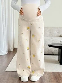SHEIN Maternity White And Yellow Corduroy Embroidered Trousers, Adjustable Waist Floral Pattern Cute Baggy Long Pants, Summer Photoshoot Work Vacation - Apricot - View 5