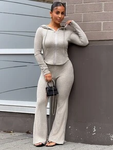 SAYEHFBABY 休闲连帽收腰口袋夹克和喇叭罗纹针织裤两件套，适合女士，百搭日常穿着，秋冬 - 杏色 - 查看 1
