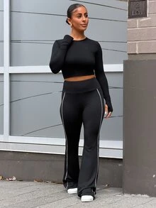 SAYEHFBABY Sexy Solid Color Twist Back Cropped Sports T-Shirt - Black - View 4
