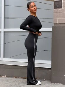 SAYEHFBABY Sexy Solid Color Twist Back Cropped Sports T-Shirt - Black - View 5