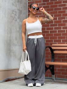 SAYEHFBABY 女款休閒寬鬆格紋寬腿長褲 - 灰色 - 查看 3