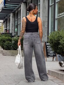SAYEHFBABY Women's Casual Rhinestone Embellished Denim Pants, Minimalist Fashion For Everyday Wear,Baggy Jeans Sequin - Grey - View 2