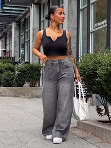 SAYEHFBABY Women's Casual Rhinestone Embellished Denim Pants, Minimalist Fashion For Everyday Wear,Baggy Jeans Sequin - Grey - View 1