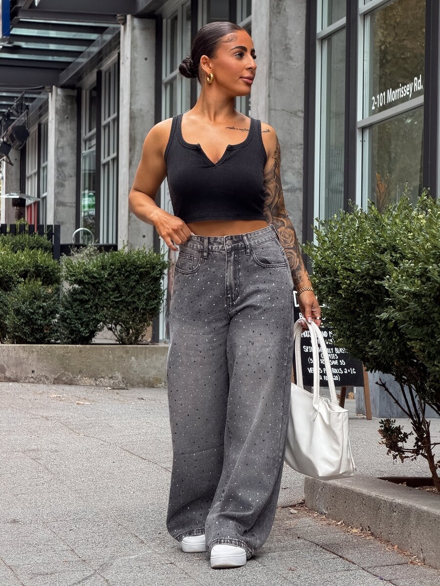 SAYEHFBABY Women's Casual Rhinestone Embellished Denim Pants, Minimalist Fashion For Everyday Wear,Baggy Jeans Sequin - Grey - View 1