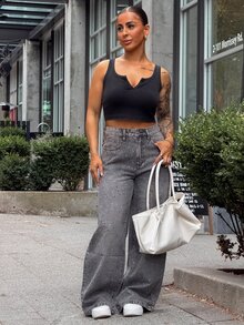 SAYEHFBABY Women's Casual Rhinestone Embellished Denim Pants, Minimalist Fashion For Everyday Wear,Baggy Jeans Sequin - Grey - View 3