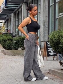 SAYEHFBABY Women's Casual Rhinestone Embellished Denim Pants, Minimalist Fashion For Everyday Wear,Baggy Jeans Sequin - Grey - View 4