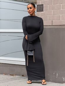 SAYEHFBABY 女士时尚喇叭袖褶皱纯色修身连衣裙 - 黑色 - 查看 4
