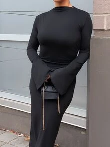 SAYEHFBABY 女士时尚喇叭袖褶皱纯色修身连衣裙 - 黑色 - 查看 7