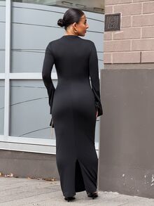 SAYEHFBABY 女士时尚喇叭袖褶皱纯色修身连衣裙 - 黑色 - 查看 3