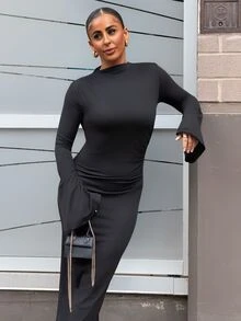 SAYEHFBABY 女士时尚喇叭袖褶皱纯色修身连衣裙 - 黑色 - 查看 5