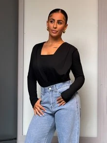 SAYEHFBABY Slayr 女士春夏褶皱胸前二合一长袖时尚连体衣 - 黑色 - 查看 5