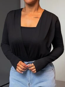 SAYEHFBABY Slayr 女士春夏褶皱胸前二合一长袖时尚连体衣 - 黑色 - 查看 7