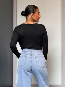 SAYEHFBABY Slayr 女士春夏褶皱胸前二合一长袖时尚连体衣 - 黑色 - 查看 3