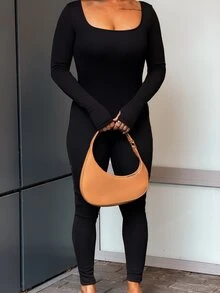 SAYEHFBABY 女士冬季街头风运动休闲滑雪服，保暖/防寒/弹力舒适黑色修身长袖方领长款保暖连体衣，秋季款 - 黑色 - 查看 6